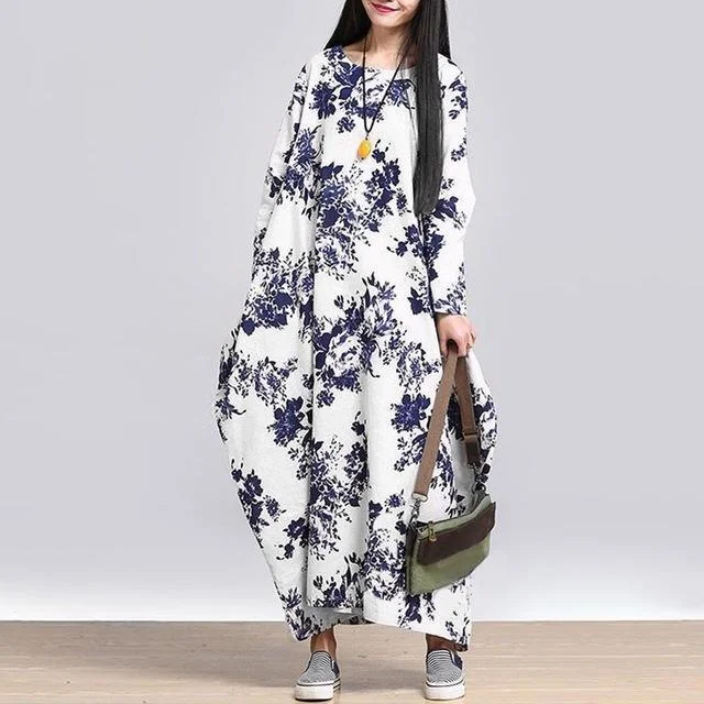 Plus Size White and Blue Floral Maxi Dress Stylish One-Shoulder Maxi Dress