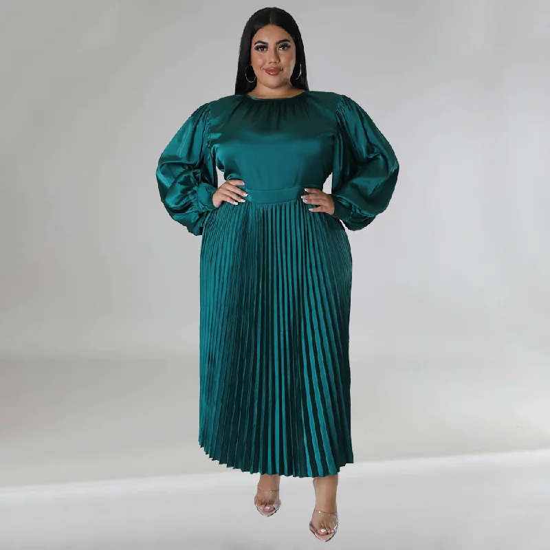 Plus Size Women Clothes Autumn Winter Popular Pleated Round Neck Maxi Dress Long Sleeve Stylish Maxi Dress with Pleats