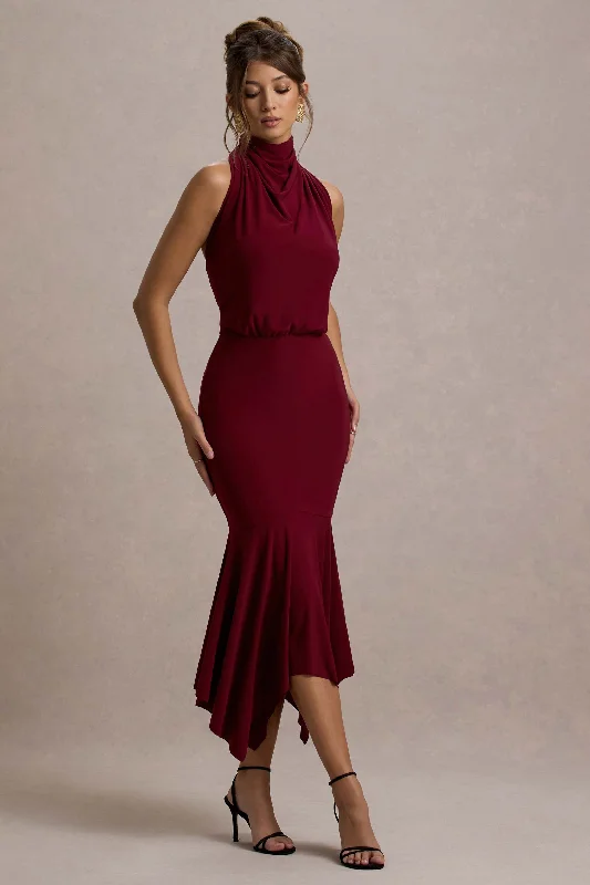 Prianyka | Berry High-Neck Draped Maxi Dress Stylish Boho Maxi Dress