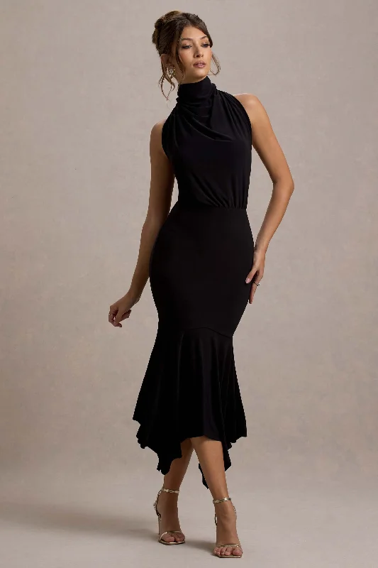 Prianyka |  Black High-Neck Draped Maxi Dress Cozy Ruffle Sleeve Maxi Dress