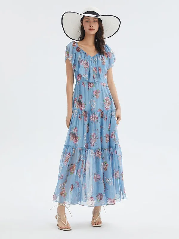 Floral Print Ruffled Collar Maxi Dress Classic Strapless Maxi Dress