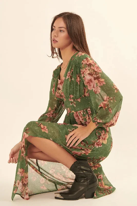 Promesa | Floral Chiffon Long-Sleeve Surplice Maxi Dress Fashionable Button-Down Maxi Dress