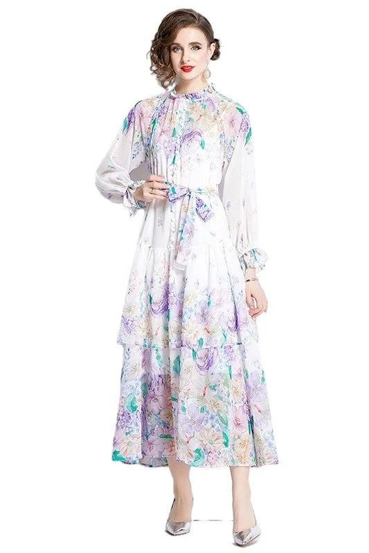 Purple White Chiffon Layered Maxi Dress Casual Maxi Dress with Pockets