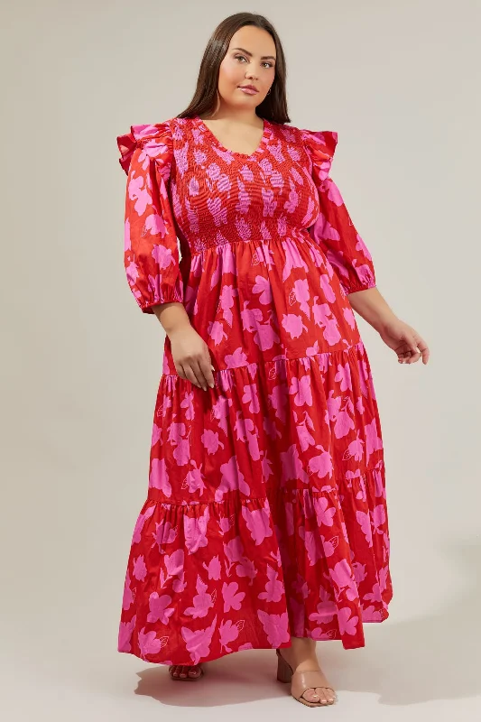 Raspberry Bliss Brighton Smocked Poplin Maxi Dress Curve Comfortable Maxi Dress with Belt