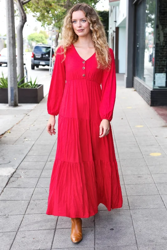 Red Button Henley Maxi Dress Stylish Longline Maxi Dress