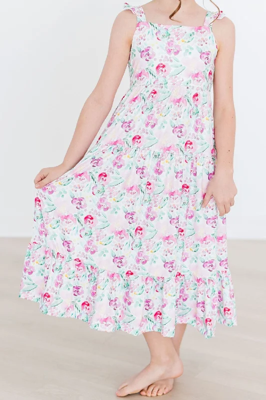 Watercolor Floral Ruffle Maxi Dress Trendy A-Line Maxi Dress