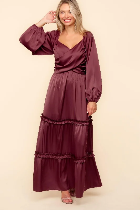 SATIN FRONT OVERLAP SMOCKED BACK MAXI DRESS Stylish Long Sleeve Maxi Dress