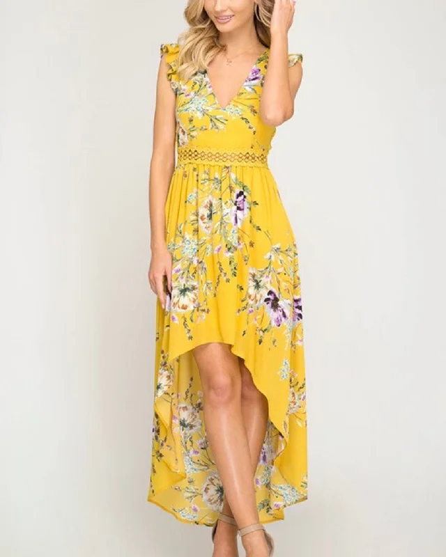 Short Ruffle Sleeve Floral Print High Low Maxi Dress in Mustard Fashionable Maxi Dress with Fringe