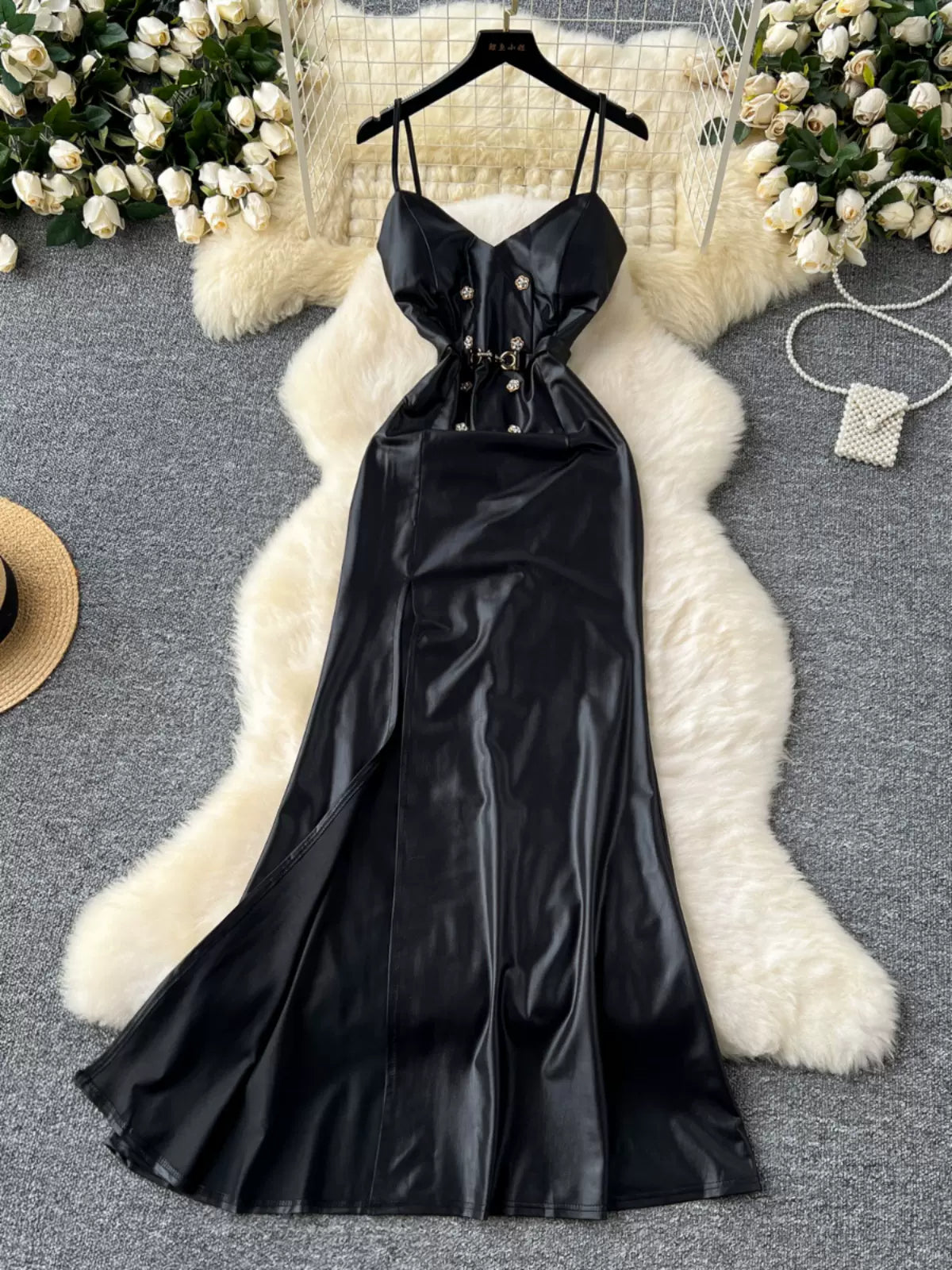 Spaghetti Straps Black Satin Maxi Dress Stylish One-Shoulder Maxi Dress