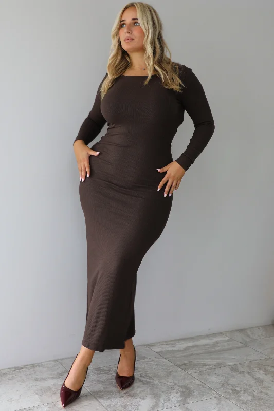 Stay The Same Ribbed Maxi Dress: Chocolate Elegant Lace-Up Maxi Dress