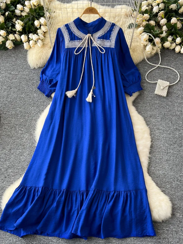 Tassel Tie Lace Blue Maxi Dress Comfortable Maxi Dress with Belt