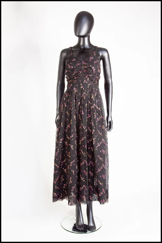 Vintage 1940s Black Printed Tulle Maxi Dress Fashionable Asymmetrical Maxi Dress