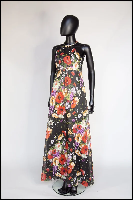 Vintage 1970s Rose Floral Chiffon Maxi Dress Fashionable High-Low Maxi Dress