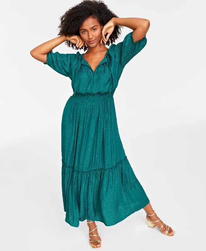 Women's Elbow-Sleeve Tiered Maxi Dress Trendy Fit-and-Flare Maxi Dress