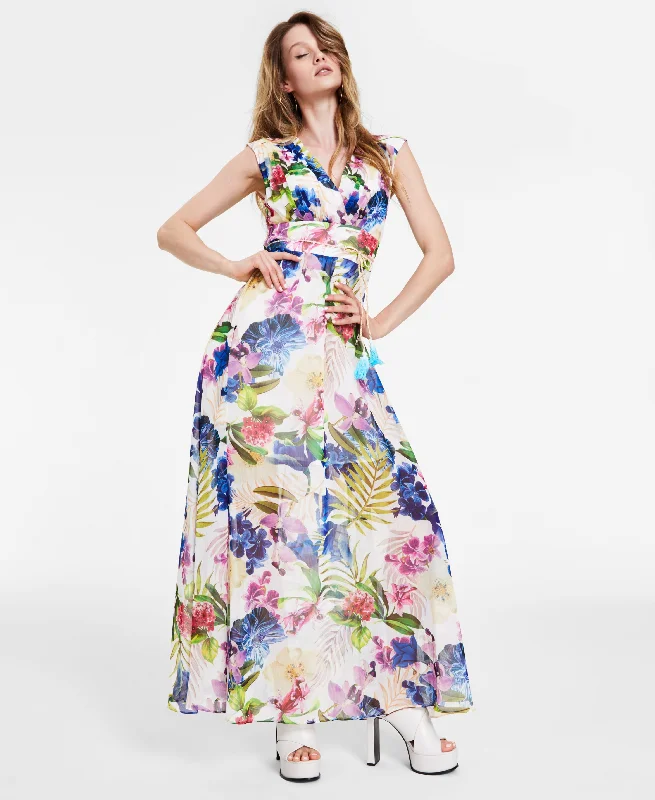 Women's Gilda Floral-Print Cap Sleeve Maxi Dress Classic A-Line Maxi Dress