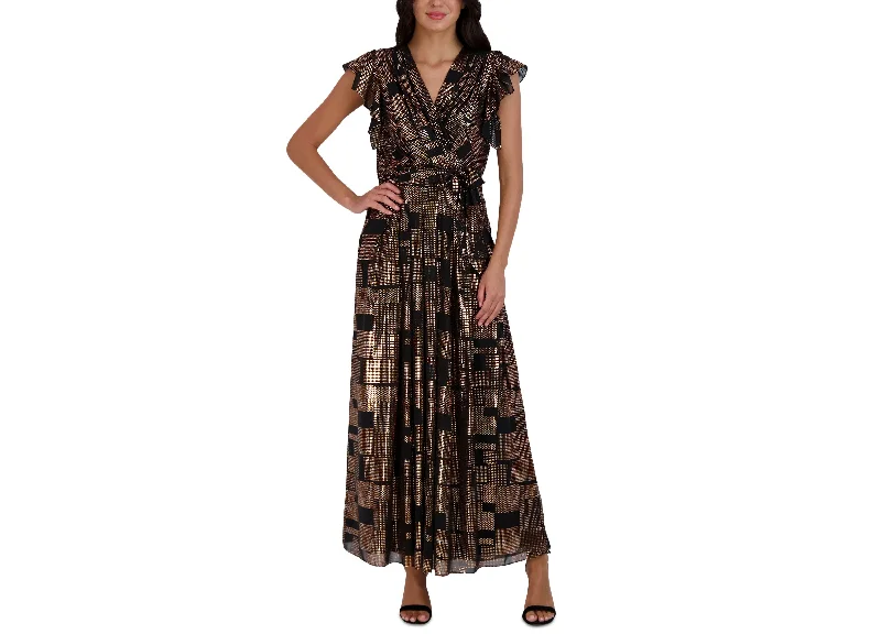 Women's Metallic Flutter-Sleeve Maxi Dress Classic Black Maxi Dress