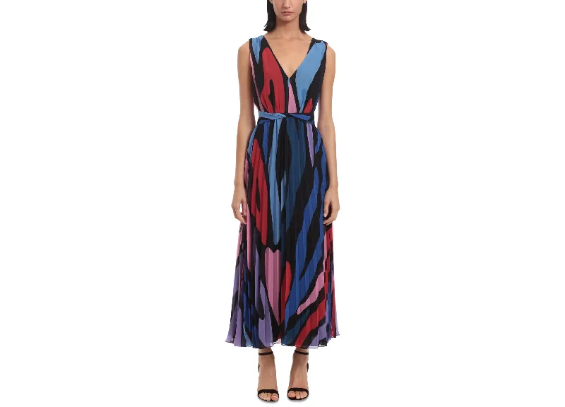 Women's Printed Pleated Maxi Dress Elegant Maxi Dress with Pockets