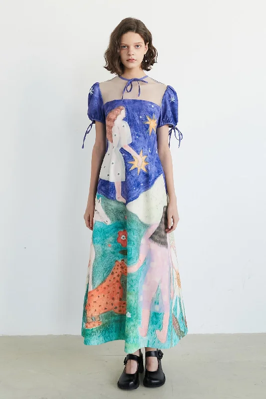 XUNRUO | Starry Night Print Maxi Dress Trendy V-Neck Maxi Dress