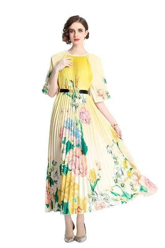 Yellow Floral Pleated Maxi Dress Belted Comfortable Satin Maxi Dress