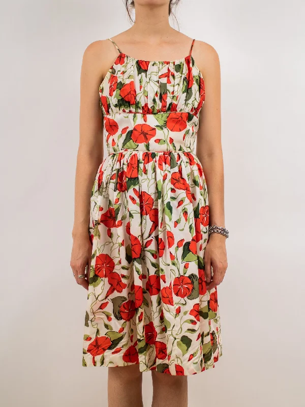 1950's Red White and Green Rose Print Fit and Flare Spaghetti Strap Sun Dress