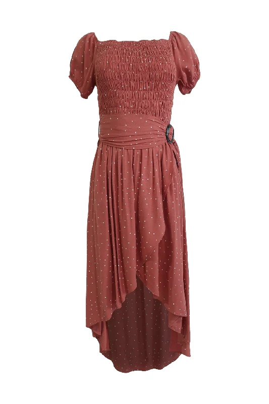 Coral Polka Dot Shirring Dress
