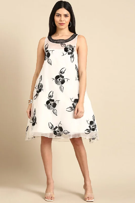 White Crushed Silk Embroidered Dress