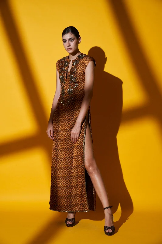 Beige-Brown Basket Weave Print Hand Embellished Side Slit Dress