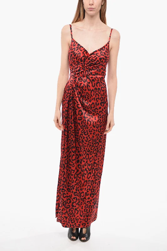 Dolce & Gabbana Animal Patterned Silk Satin Slip Dress with Draping 42 Italian size