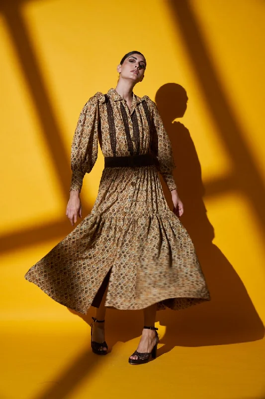 Brown Bamboo Print Front Open Dress With Poet Sleeves