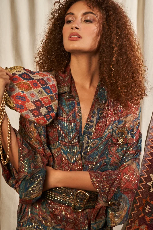 Carpet Print Duster Jacket With Inner Dress And Belt
