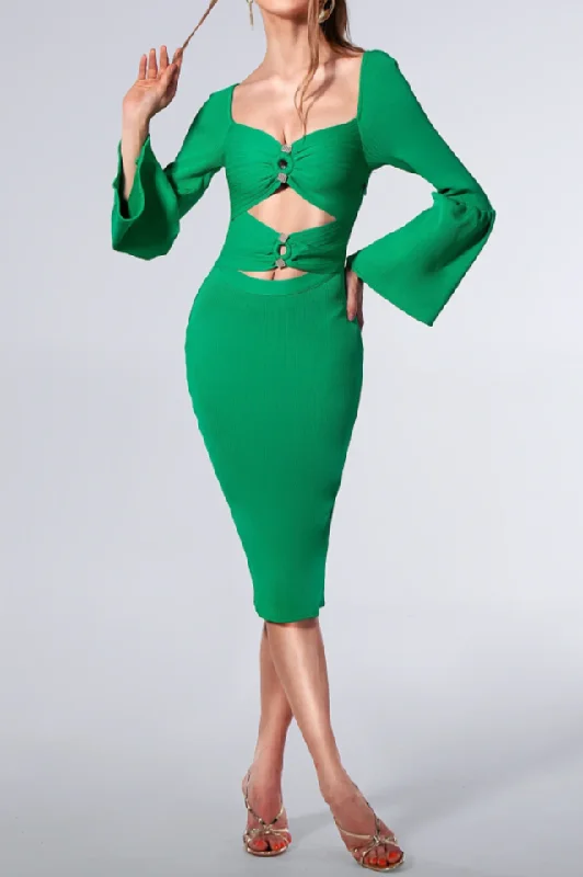 Diamond Cutout Stud Puff Sleeve Dress