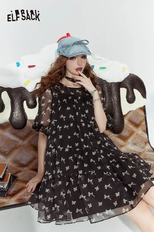 ELFSACK 2024 Summer New Pink Bow Cute Princess Style Cake Print Chiffon Dress for Women