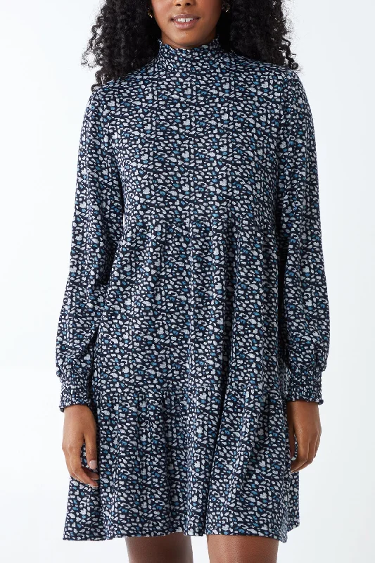 High Neck Abstract Print Smock Dress