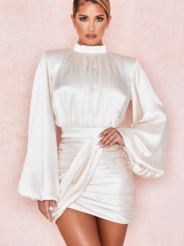 White Lantern Sleeve Irregular Asymmetric Dress