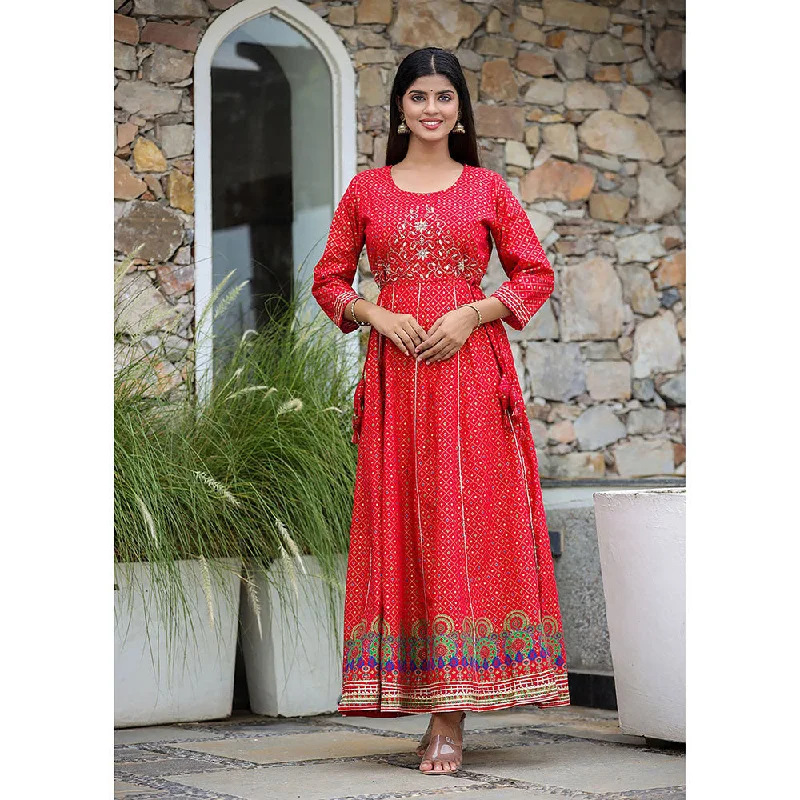 KAAJH Red Gold Print Cotton Anarkali Dress
