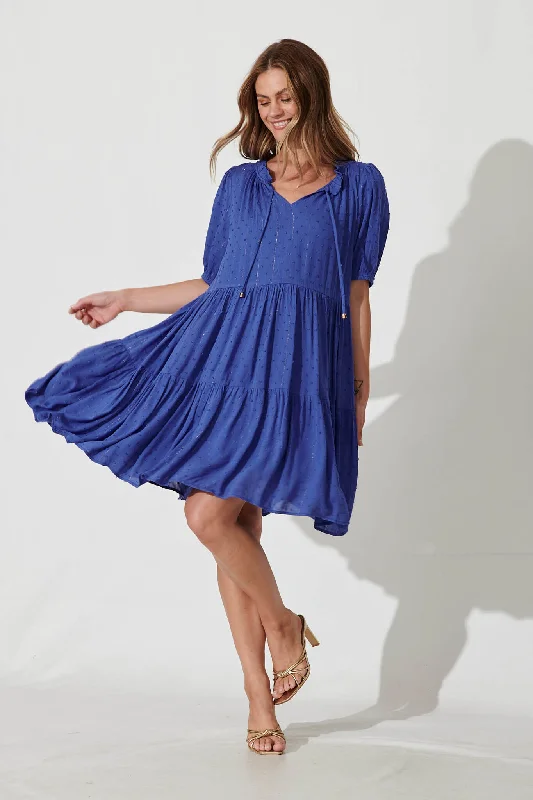 May Smock Dress In Blue With Lurex Stripe