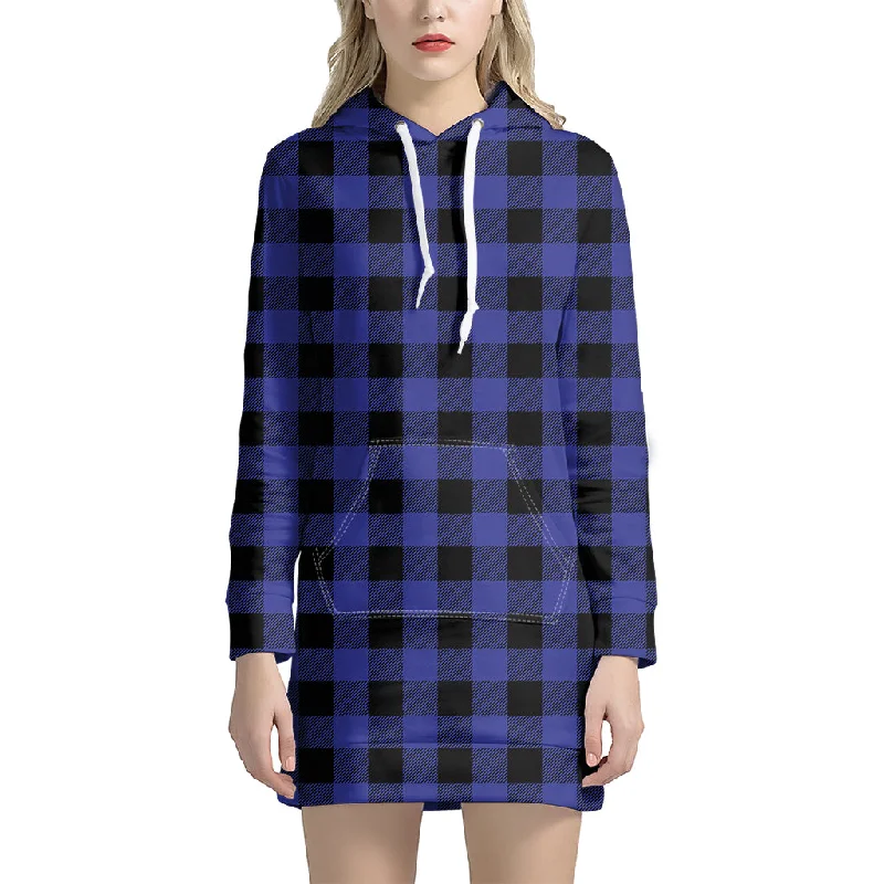 Navy Blue And Black Buffalo Check Print Pullover Hoodie Dress