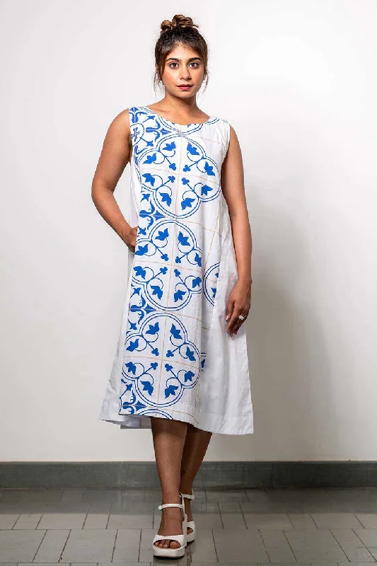 White Printed Bare Grace Azulejos Dress