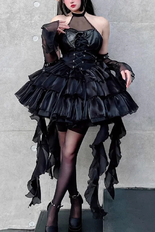 Pure Black Little Devil Sexy Princess Slim Gothic Lolita Strapless Tiered Dress