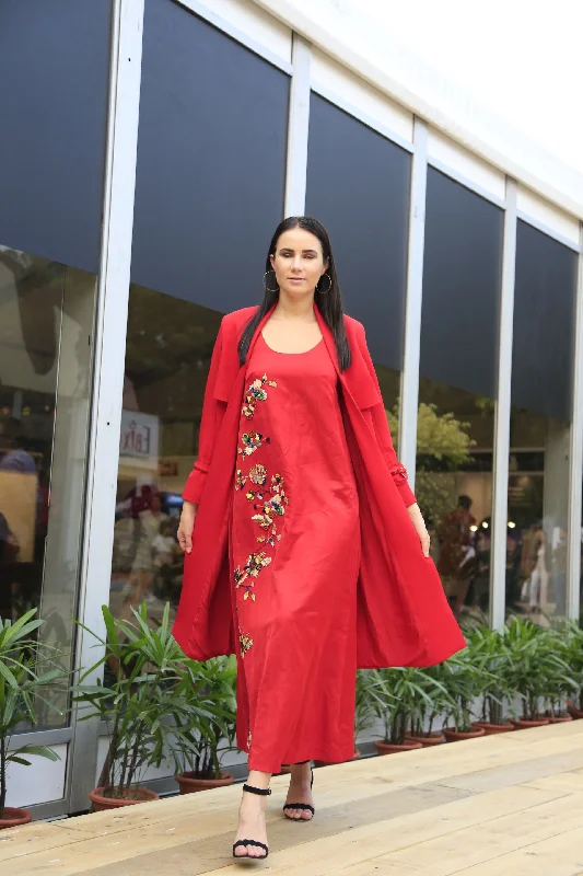 Red Multicolor Embroidered Dress & Trench Coat