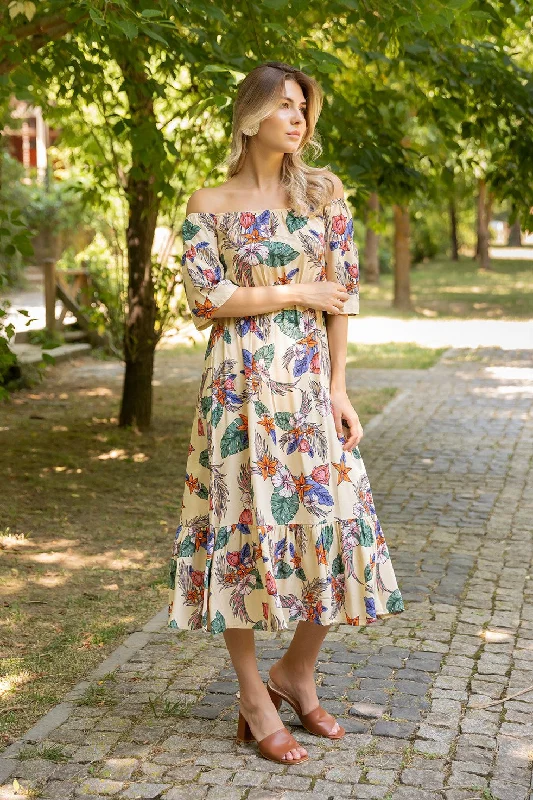 Rubber Collar Leaf Pattern Dress