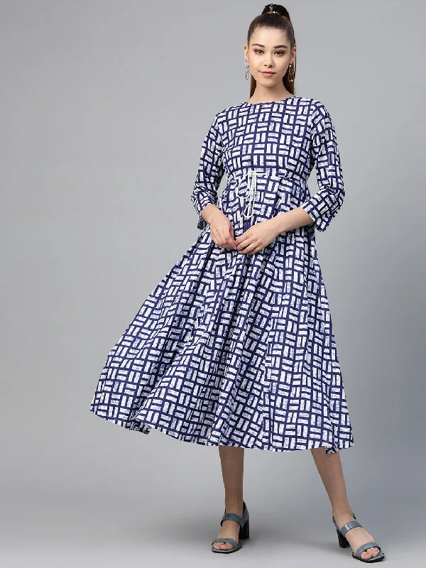 Navy Geo Print Drawstring Anarkali Dress