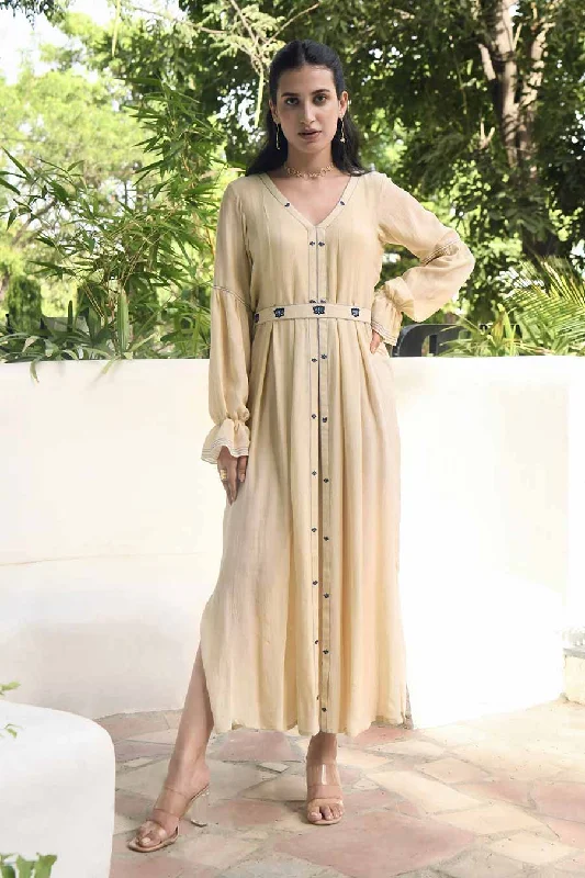 Soothing Pearl Embroidered Silk Dress With Belt