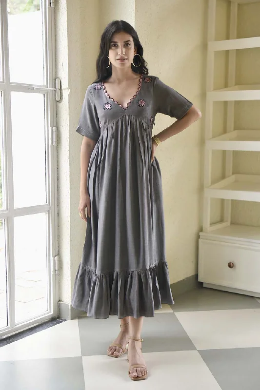 Ashed Lily Embroidered Grey Silk Dress