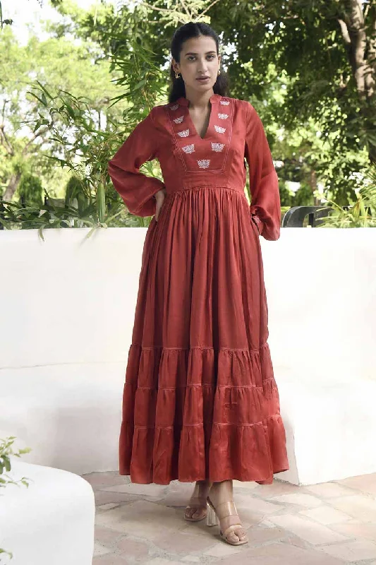 Persian Red Hand Embroidered Satin Dress