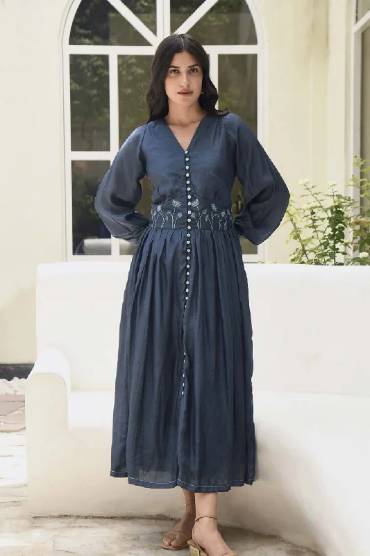 Midnight Bloom Silk Embroidered Dress