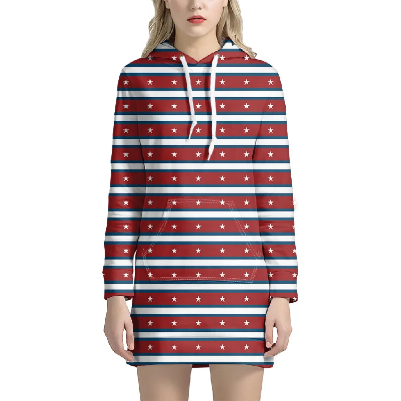 USA Striped Pattern Print Pullover Hoodie Dress