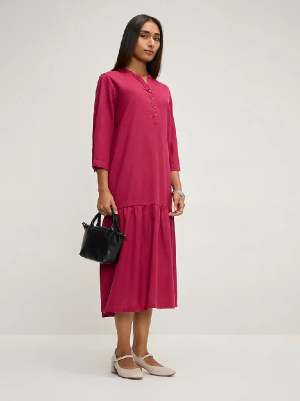 Utsa Magenta Solid Cotton Blend Drop-Waist Dress