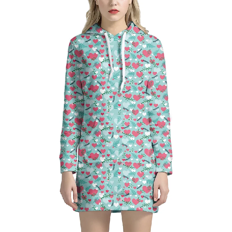 Valentine's Day Heart And Flower Print Pullover Hoodie Dress