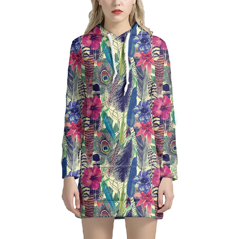 Vintage Watercolor Feather Print Pullover Hoodie Dress